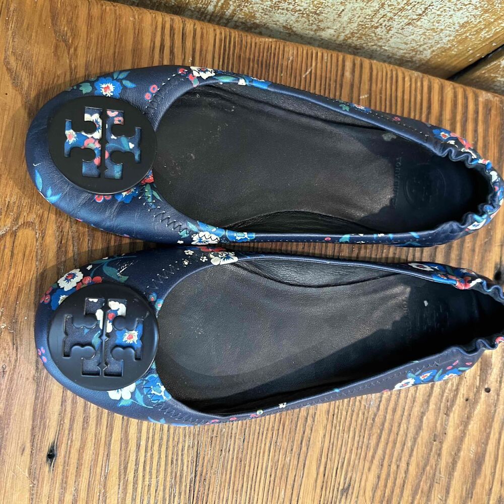 Tory Burch Womens Blue Floral Pattern Round Toe Ballet Flats Size 6